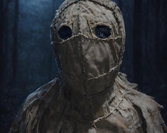 Scarecrow Hood Mask – Handmade Horror Scarecrow Costume, Cotton Washable Halloween Mask, Creepy LARP Headpiece