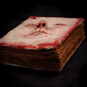 Three quarter view of human skin face book, handcrafted macabre art book showing sculptural depth and organic surface