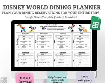 WDW Dining Planner | Vacation Meal Plan | DisneyWorld Dining Plan | Vacation Meal Planner |Google Sheets Template | Instant Digital Download