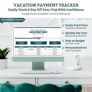 Puede incluir: Un monitor de computadora muestra una hoja de cálculo de seguimiento de pagos de vacaciones. La pantalla muestra el presupuesto de vacaciones de una familia con categorías como depósito inicial, pagos y saldo restante. El texto en la parte superior dice "VACATION PAYMENT TRACKER".