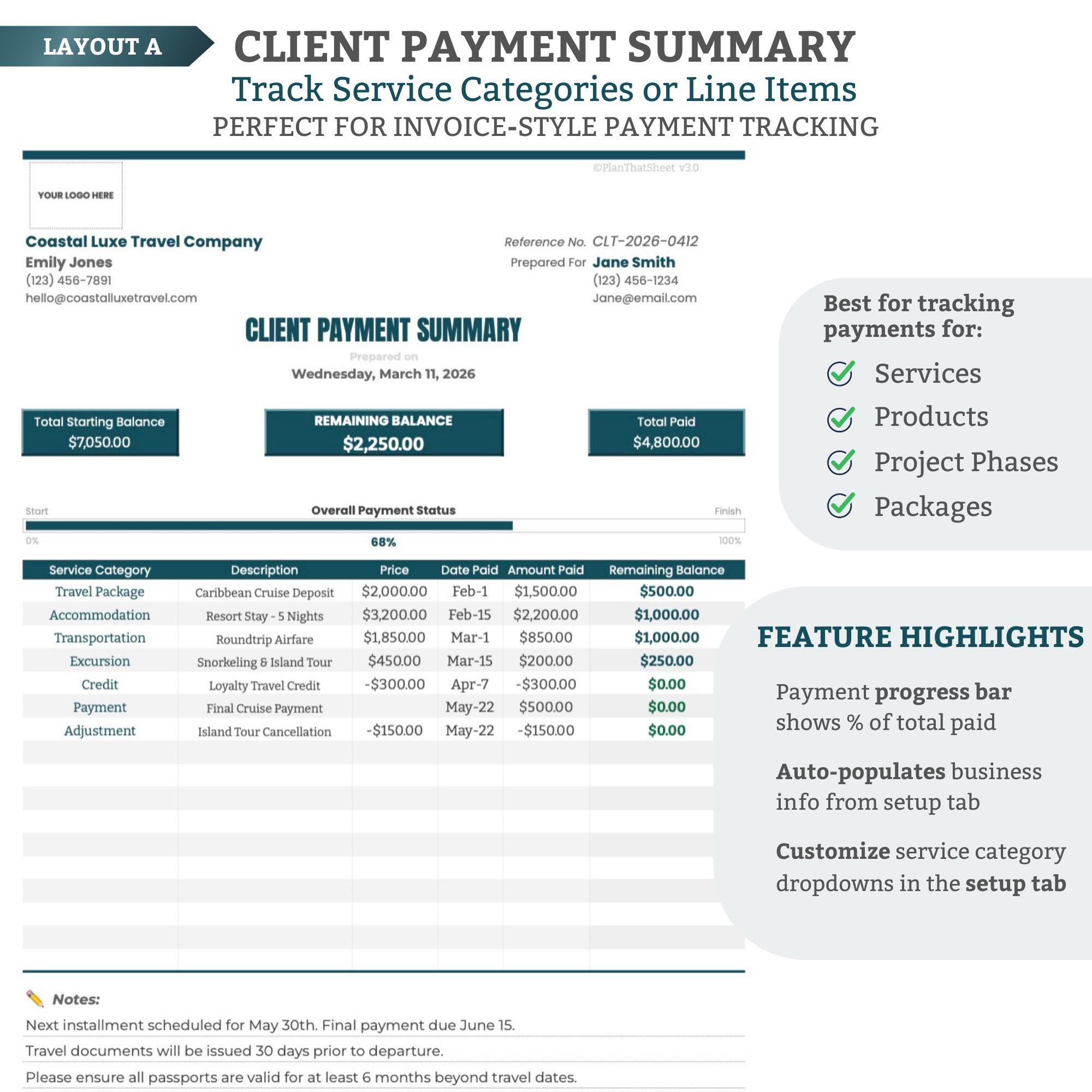 Payment Plan Template Google Sheets | Client Payment Tracker | Invoice ...