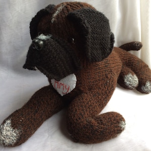 May include: A brown and black knitted dog toy with white accents. The toy has a heart-shaped tag with the name "Amy" embroidered on it.