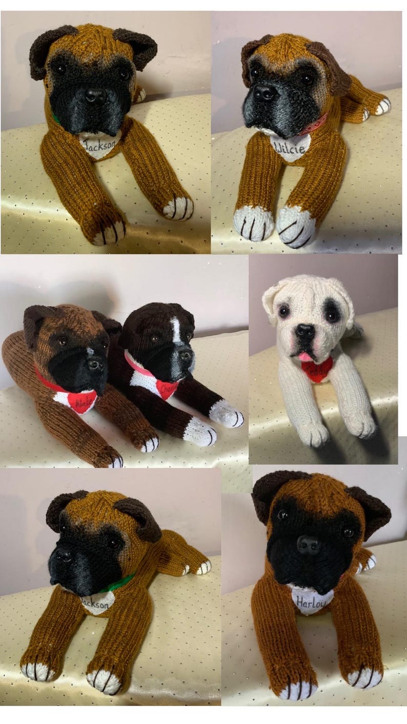 May include: Five knitted boxer dog plushies in various colors, including brown, black, and white. Each plush has a personalized name tag, including "Jackson", "Wilcie", and "Harlow".