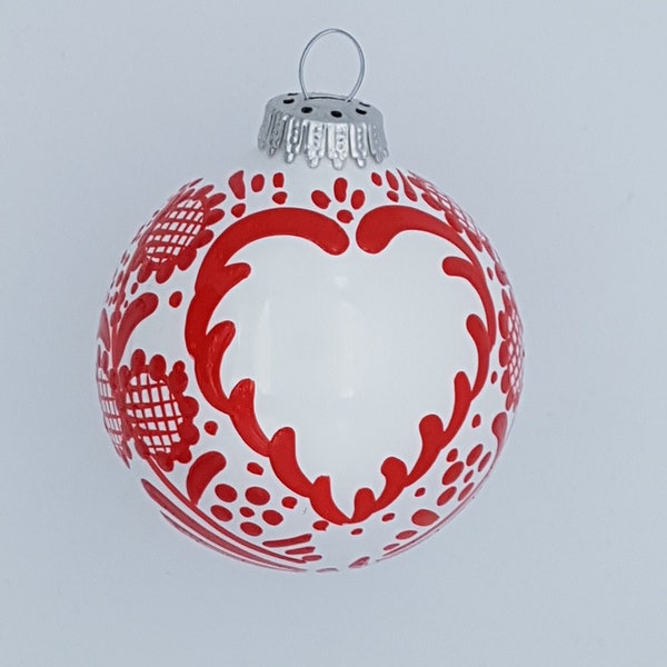 Boule de  Noël prénom,en verre,blanche motif rouge,8cm,tradition, collection "Rot-Wiss"