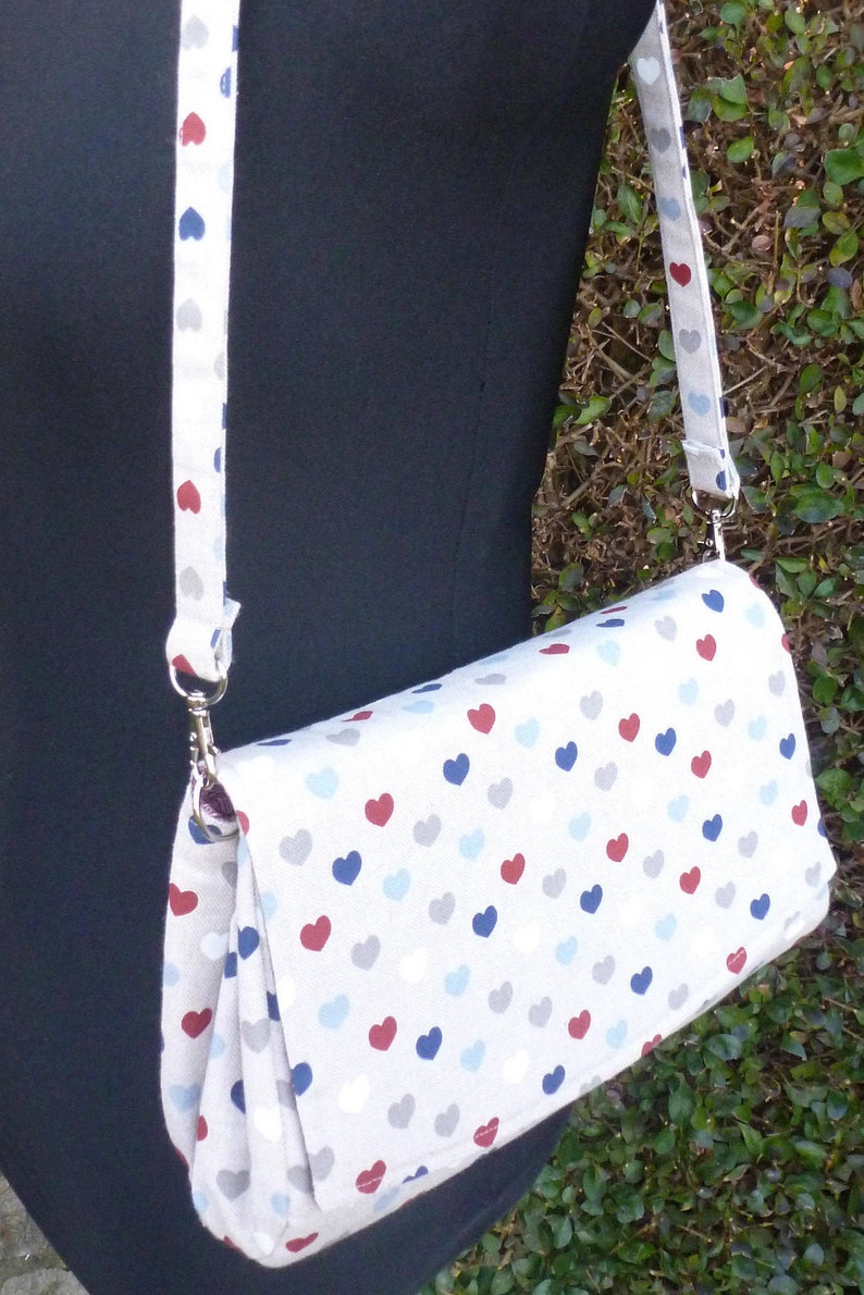 Shoulder bag, Clutch bag, Hearts pattern, lined with paisley patterned cotton image 1