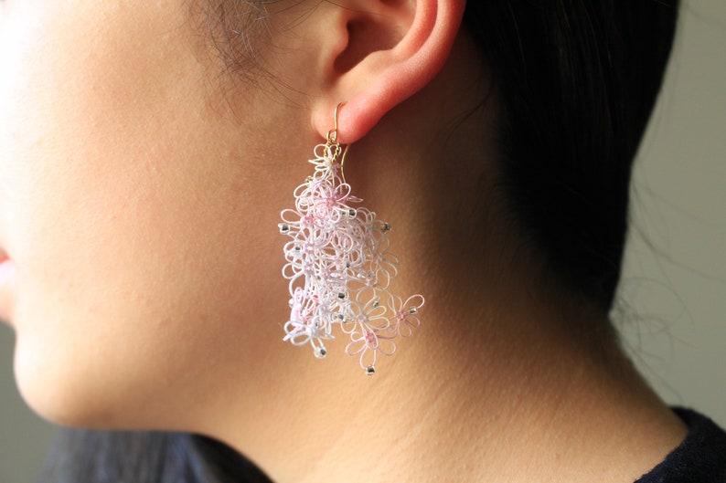 clip-on or hypoallergenic 14kgf ear wire Pink splash tatting lace and rose quartz /& freshwater pears long dangled asymmetrical earrings