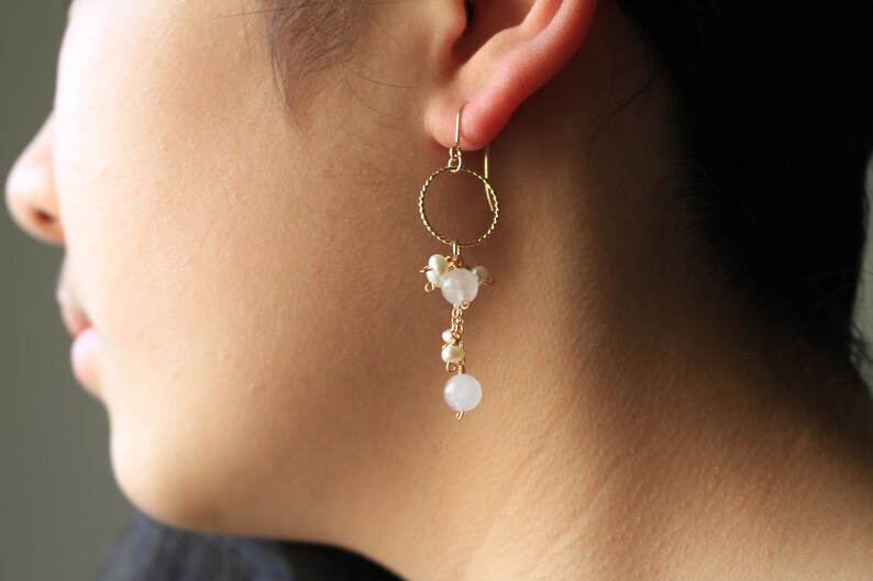clip-on or hypoallergenic 14kgf ear wire Pink splash tatting lace and rose quartz /& freshwater pears long dangled asymmetrical earrings