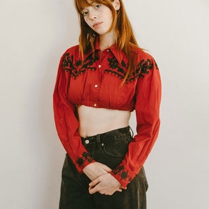 Rare Vintage Jean Paul Gaultier Red Cropped Western Top with Tribal Detailing and Dollar Sign Buttons Star Rodeo XS S M Y2K Junior