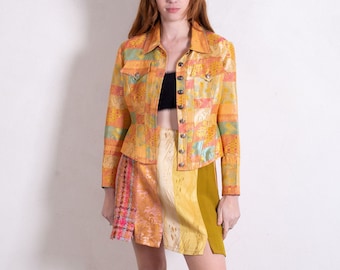 Vintage 1990s Christian Lacroix Bazaar Mixed Print Skirt Suit with Corset Jacket Lace up sz S M Brocade Tweed Lace Up