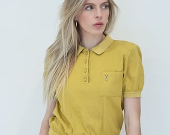 Vintage Yves Saint Laurent Mustard Knit Collared Top with Cursive YSL Logo + Structured Shoulders Buttons Yellow 90s Polo Pocket Sweater