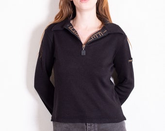Vintage FENDI 90s Black Logo Collar Zip Front Pullover 1990s Collared Wool Sweater FF Monogram Unisex
