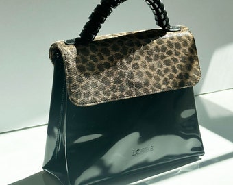 Vintage LOEWE Noir Patent and Leopard Print Top Handle Bag with Curly Handle Minimal Gold made in Spain Black Cheetah Print