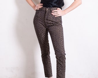 Vintage FENDI 1990s High Waist Leopard Print + Zucca Pants FF Trousers Jeans Logo sz 27 28 Brown Black Cheetah Bella Hadid