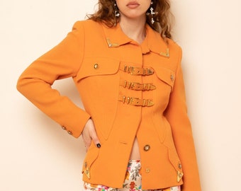 Vintage Gianni Versace Fall/Winter 1992 Bondage Collection Runway Archival Orange Jacket with Western Collar Tips + Jewel Buttons 90s