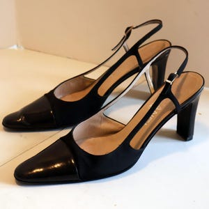Vintage CHANEL 1990s Black Nylon + Patent Two Tone Suede Slingback Pumps 39.5 9 9.5 Logo Monogram Heels Pointy Pump
