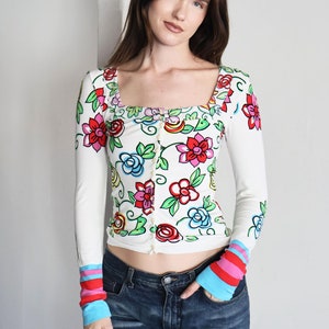 Vintage BLUMARINE Y2K Square Neck Abstract Floral Cardigan with Striped Sleeves sz IT 42 S M Multicolor 2000s