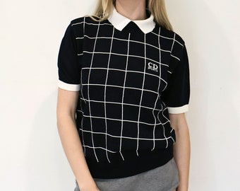 Vintage Christian Dior Sports Navy Logo Collared Check Print Sweater with Ribbed Knit Trim CD Sport 1990s Unisex Tennis Golf Y2K