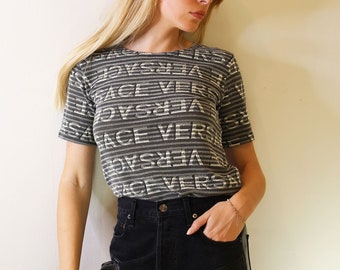 Vintage VERSACE Jeans Couture Gray + White Striped Logo Baby Tee 90s Y2K Stretch Knit Gianni Versace Monogram