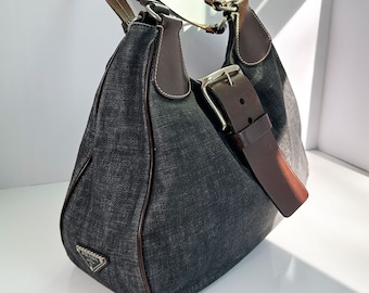 PRADA Y2K Jumbo Buckle Hobo Bag with Logo Triangle in Blue Denim + Brown Leather Half Moon Tessuto Y2K 90s Silver