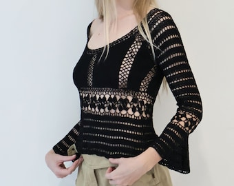 Y2K Vintage Black Crochet Knit Backless Top with Tie Back + Bell Sleeves Woven Open Knit XS S M