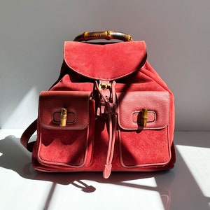 GUCCI Coral Red Suede & Leather Bamboo Handle Backpack Large Jumbo GG Gold Hardware Logo 90s Y2K Toggle image 1