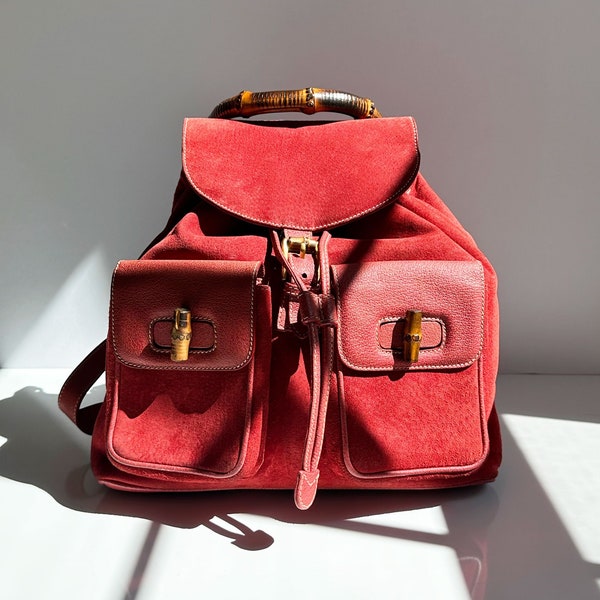 GUCCI Coral Red Suede & Leather Bamboo Handle Backpack Large Jumbo GG Gold Hardware Logo 90s Y2K Toggle