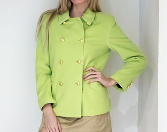 Vintage ESCADA 1990s Lime Green Angora + Virgin Lambs Wool Double Breasted Blazer with Gold Buttons sz DE 36 XS S M 90s Chartreuse Slime