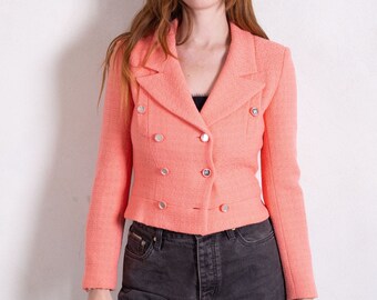 Vintage CHANEL Cruise 1995 Coral Tweed Blazer with Silver Mirror Buttons CC Logo Monogram 90s Salmon Pink Jacket