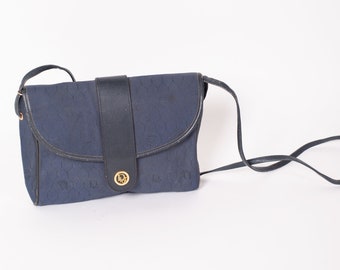 Christian Dior 1980s Navy Monogram Leather and Canvas Crossbody Bag CD Logo Closure Marc Bohan Saddle Gold Hardware