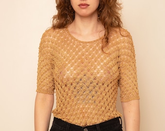 Vintage Beaded Crochet Gold Open Knit Top with Mesh 90s Y2K Open Bead Sheer Naked