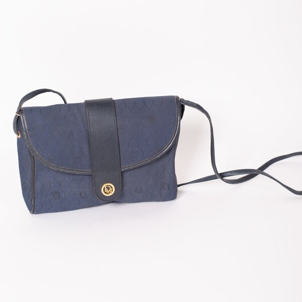 Christian Dior 1980s Navy Monogram Leather and Canvas Crossbody Bag CD Logo Closure Marc Bohan Saddle Gold Hardware