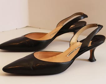 Vintage Manolo Blahnik Black Leather Kitten Heel Slingback Pumps sz 38 8 Sex and the City Style Y2K Low Heel