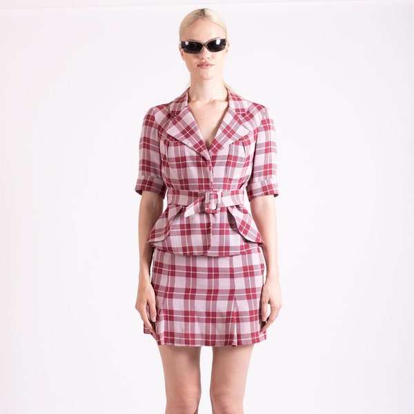 Vintage Vivienne Westwood 1990s Red + Pink Skirt and Peplum Short Sleeve Jacket Set with Belt + Orb Buttons Plaid sz XS S