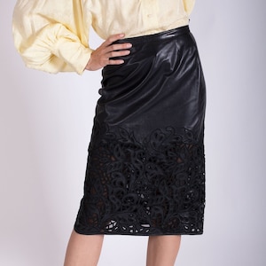 Vintage VALENTINO Laser Cut Leather Slit Detail Midi Skirt with Mesh Inlets sz 26 27 IT42 Pelle Garavani Minimal 90s Y2K image 5