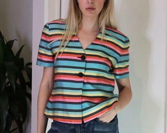 Christian Dior 1990s Raw Silk Rainbow Striped Button Front Structured Shoulder Top Open Front Shirt Jacket Vest 90s Multicolor