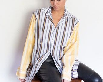 REWORKED Vintage Oversized Striped Button Up with Different Contrast Sleeves Ombré Men's Blue Yellow White Collared Top