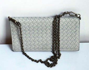 Bottega Veneta White Intrecciato Leather Wallet on Chain Crossbody Bag with Bronze Hardware WOC Woven 90s Y2K