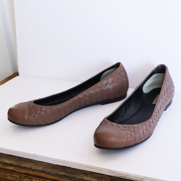 Vintage Bottega Veneta Brown Woven Intrecciatio Leather Ballet Flats sz IT 40 9 9.5 Tan Ballerina Italian Leather