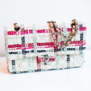 Vintage CHANEL Limited Edition Bouclé Tweed Double Flap Bag with Chrome Hardware Nude Leather Strap Pink Blue CC Monogram image 1