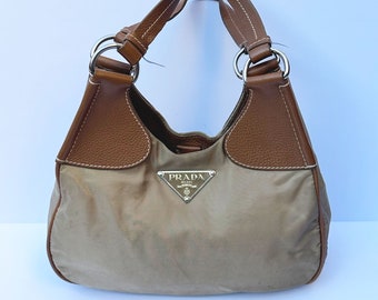 PRADA Y2K Half Moon Hobo Bag with Jumbo Logo Triangle in Taupe + Brown Leather Nylon Tessuto Y2K 90s Silver