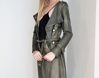 Vintage Costume National Y2K Green Leather Belted Trench with Double Breasted Buttons + Buckle Sleeves + Chrome Military Coat 2000s