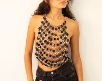 Vintage 70s Beaded Chain Mail Halter Top: Silver Metal & Wood