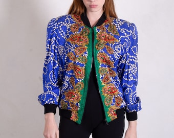 Vintage Diane Freis 1980s Silk Jacquard Pearl Print Bomber Jacket with Structured Shoulders Rainbow Multicolor sz S M L 80s