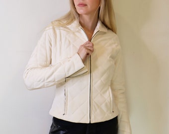 Vintage Richard Tyler 1990s White Quilted Silk Bomber Jacket with Zippered Sleeves Tailored Fitted XS S Ski 90s Minimal