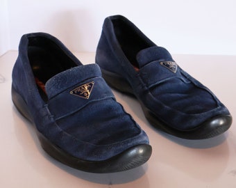 Vintage PRADA Sport Line Cobalt Suede Logo Plaque Loafers sz 37 7 7.5 Vibram Lug Sole Linea Rossa Minimal Y2K Blue