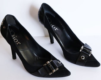Christian Dior by John Galliano Y2K Black Leather + Suede Silver Buckle Strap Pumps with Zipper Detail CD Heels sz 40 Minimal