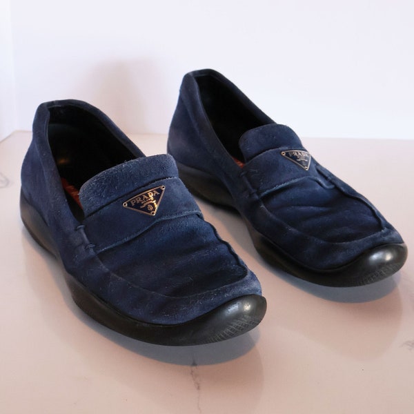 Vintage PRADA Sport Line Cobalt Suede Logo Plaque Loafers sz 37 7 7.5 Vibram Lug Sole Linea Rossa Minimal Y2K Blue