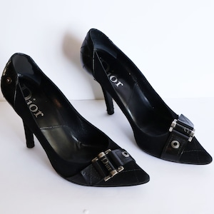 Christian Dior by John Galliano Y2K Black Leather + Suede Silver Buckle Strap Pumps with Zipper Detail CD Heels sz 40 Minimal