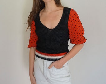 Vintage 1980s Angora and Hand Knit Sweater with Beaded Balloon Sleeves Puff Sleeves Lounge Pullover XS S M