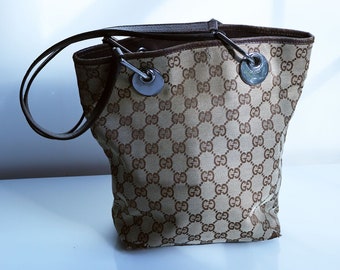 Vintage GUCCI Monogram Brown Canvas + Leather Shoulder Tote Bag GG Y2K Tom Ford Hobo Web Silver